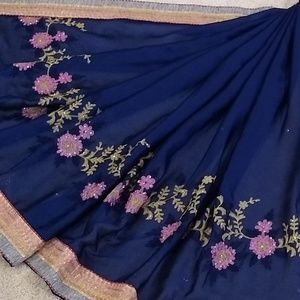 Half and half embroidery chiffon saree